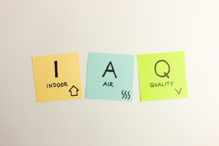 Indoor air quality "IAQ" acronym handwritten on sticky notes in black marker isolated on white background