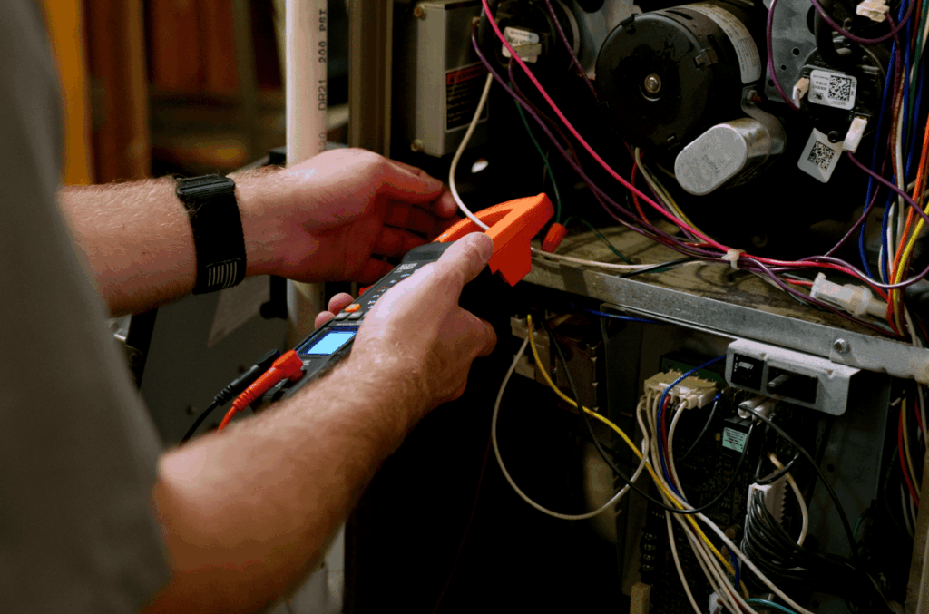 technican performing maintenance on HVAC